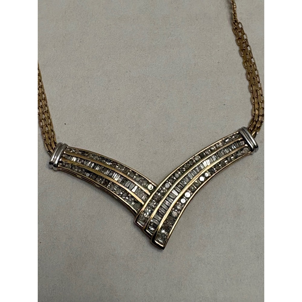 10K Yellow Gold Diamond Baguette Chevron V Necklace Two Tone Multi Strand Chain